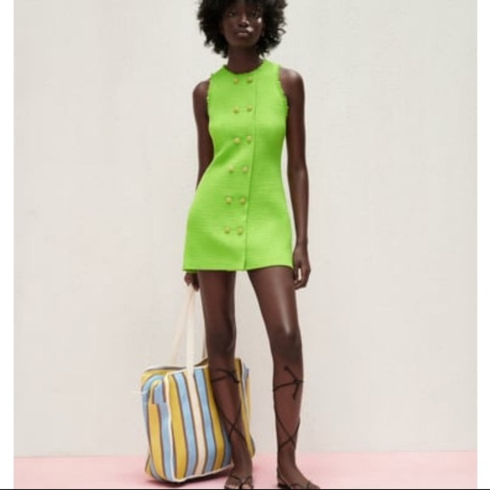 ZARA TEXTURED DRESS NEON GREEN BUTTONS XS Bloggers - Picture 10 of 16